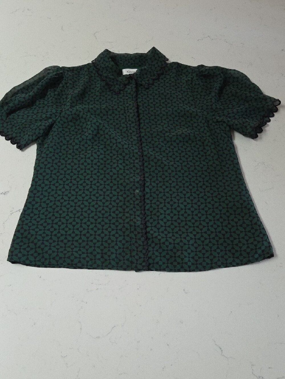 CeCe Teal and Navy Geometric Short-Sleeve Button Down Shirt - Picture 3 of 9